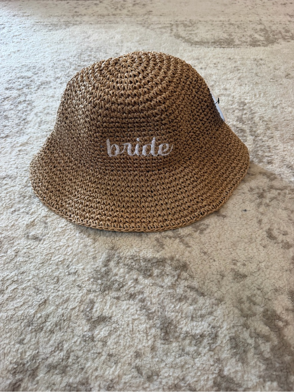 Bride Embroidered Straw Bucket Hat - Tan